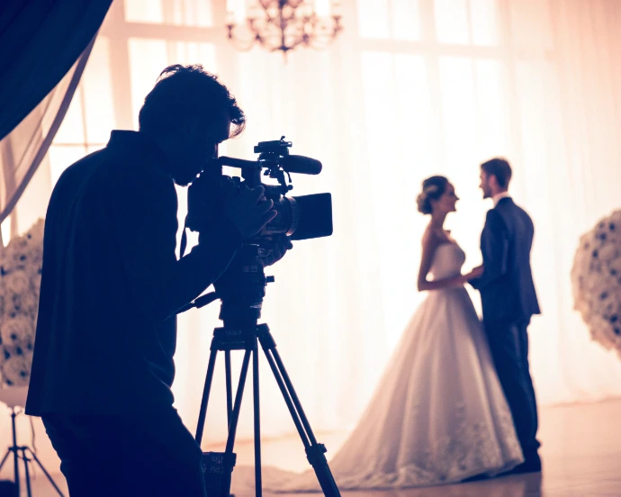 Vidéaste filmant un couple de mariés dans un style lumineux et naturel pour un film de mariage