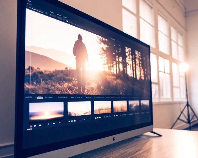 Écran de montage montrant la timeline d’un film de mariage, illustrant la différence entre film court et film long