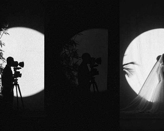 Silhouette de vidéaste en train de filmer, illustrant un style de film de mariage artistique et contrasté