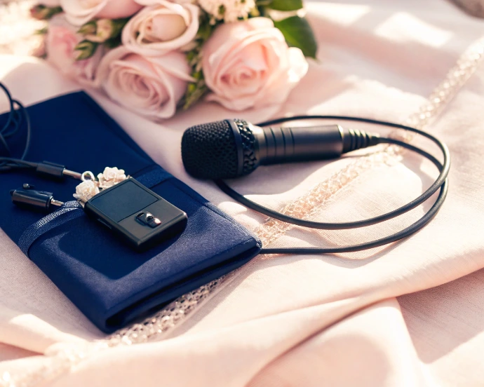 Micro et enregistreur audio professionnels utilisés par un vidéaste de mariage pour capter les voix et les émotions